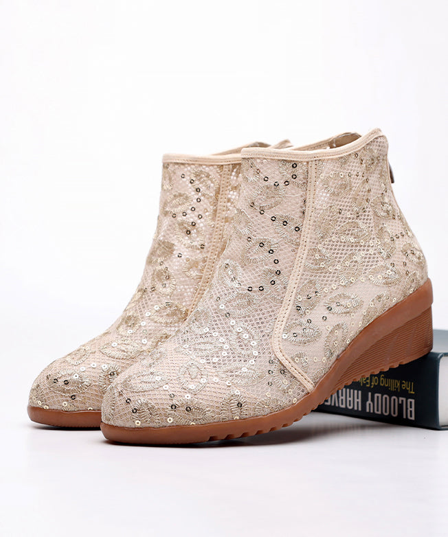 Classy Beige Tulle Sequins Splicing Wedge Boots