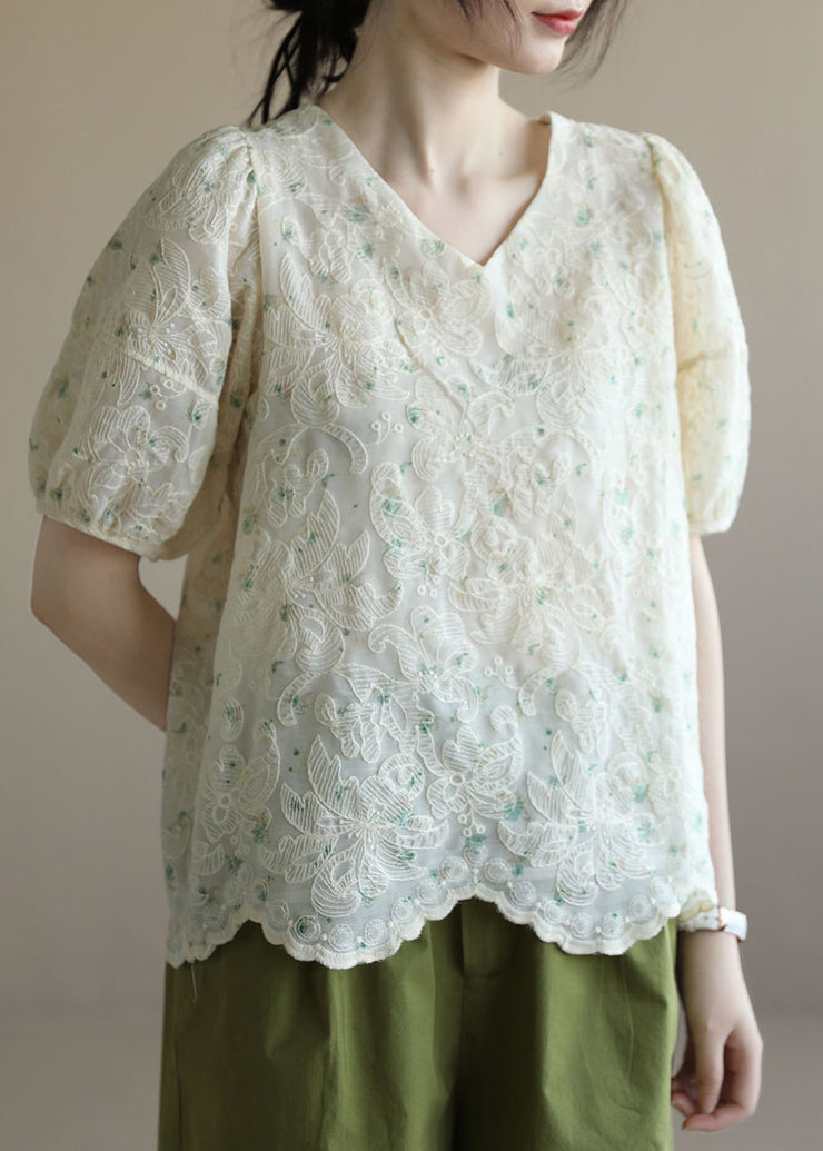 Classy Beige V Neck Embroideried Wavy Edge Chiffon Blouses Lantern Lleeve