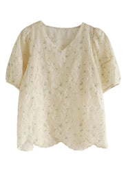 Classy Beige V Neck Embroideried Wavy Edge Chiffon Blouses Lantern Lleeve