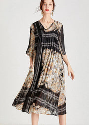 Classy Black Apricot V Neck Print Fall Chiffon Party Dresses Half Sleeve - bagstylebliss