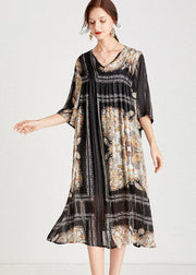 Classy Black Apricot V Neck Print Fall Chiffon Party Dresses Half Sleeve - bagstylebliss