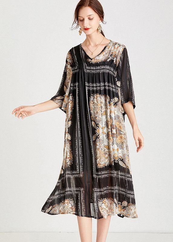 Classy Black Apricot V Neck Print Fall Chiffon Party Dresses Half Sleeve - bagstylebliss