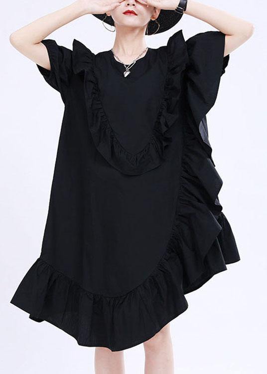 Classy Black Asymmetrical Design Ruffled Patchwork Summer Dress - bagstylebliss