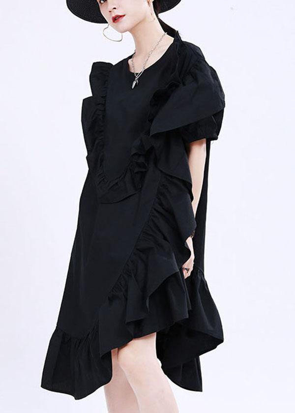 Classy Black Asymmetrical Design Ruffled Patchwork Summer Dress - bagstylebliss