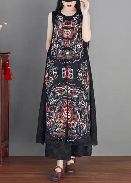 Classy Black Embroidered Chinese Button Patchwork Silk Long Waistcoat Sleeveless