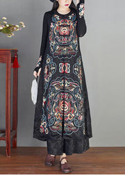 Classy Black Embroidered Chinese Button Patchwork Silk Long Waistcoat Sleeveless