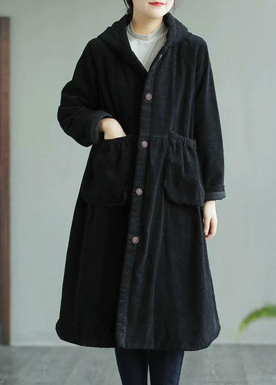 Classy Black Fine Maxi Coat Sewing Hooded Pockets Women Coats - bagstylebliss