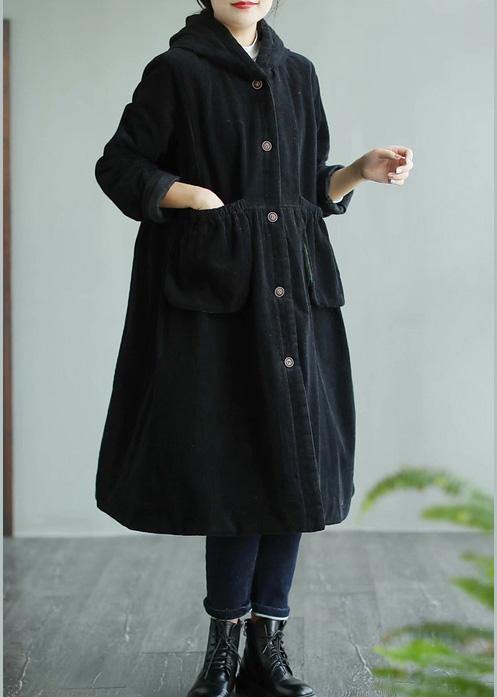 Classy Black Fine Maxi Coat Sewing Hooded Pockets Women Coats - bagstylebliss