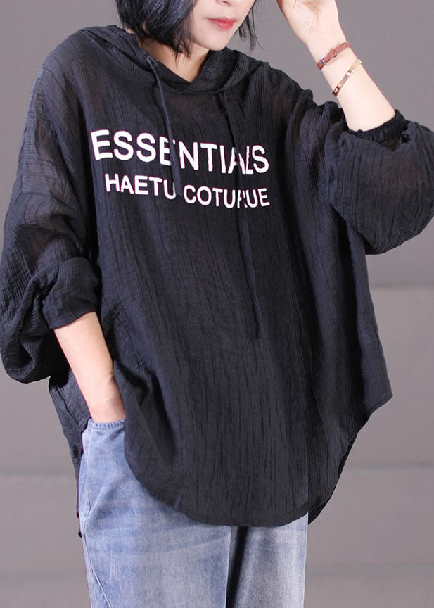 Klassisches schwarzes Kapuzen-Sweatshirt mit Kordelzug und zerknitterter Baumwolle Streetwear Langarm