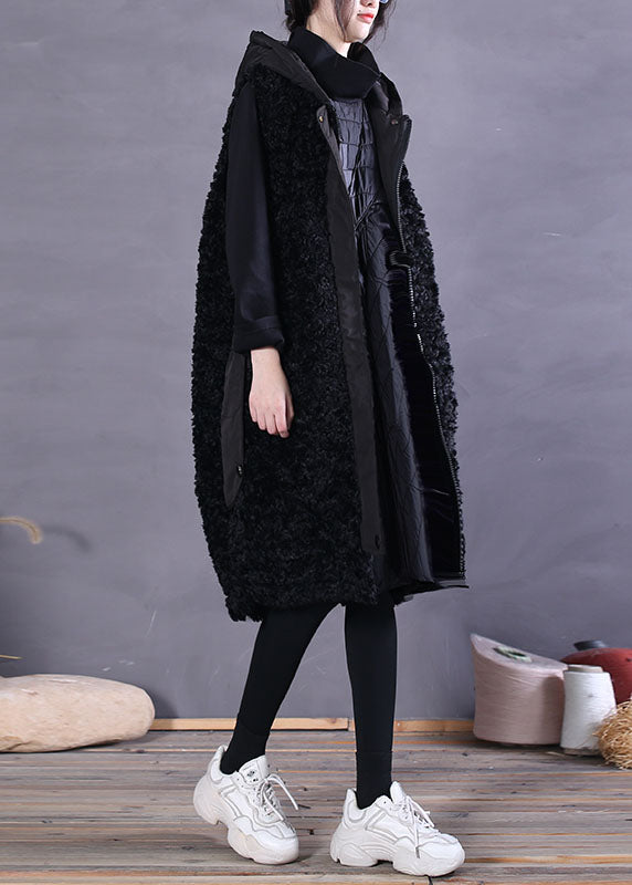 Classy Black Hooded Pockets Faux Fur Tanks Sleeveless