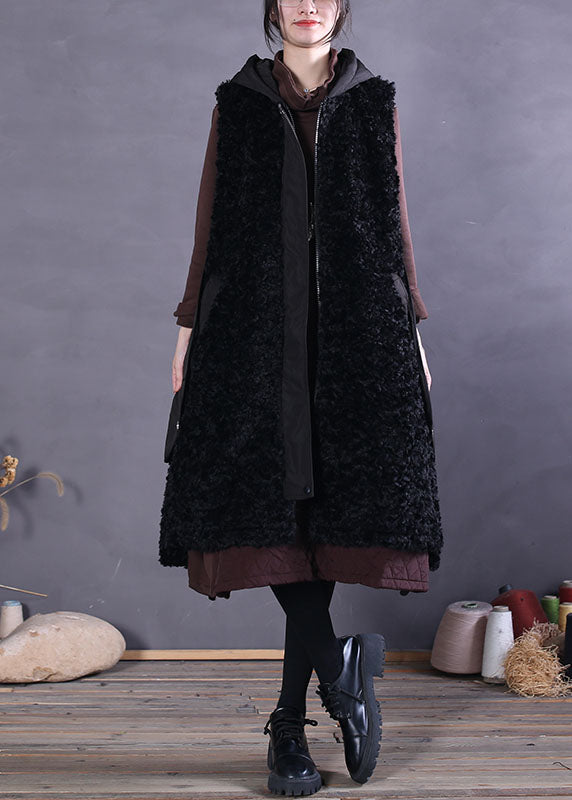 Classy Black Hooded Pockets Faux Fur Tanks Sleeveless