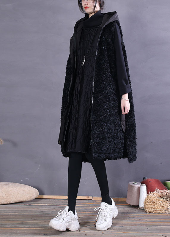 Classy Black Hooded Pockets Faux Fur Tanks Sleeveless