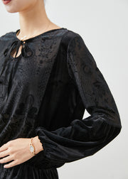 Classy Black Jacquard Tie Neck Silk Velour Tops Fall