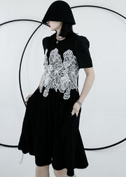 Classy Black O Neck Embroidery Patchwork Cotton Long Dress Short Sleeve