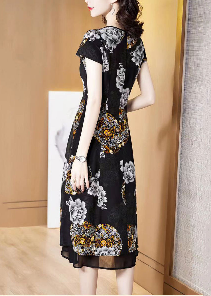 Classy Black O-Neck Print Layered Design Silk Holiday Dress Short Sleeve