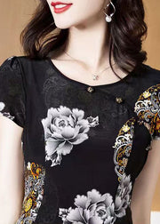 Classy Black O-Neck Print Layered Design Silk Holiday Dress Short Sleeve