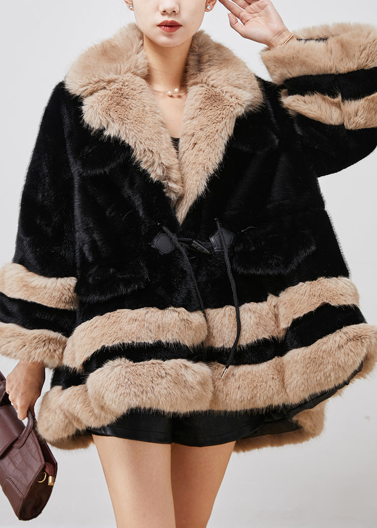 Classy Black Oversized Patchwork Faux Fur Trench Winter