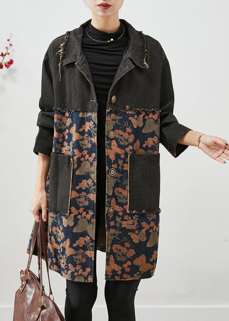 Classy Black Oversized Patchwork Print Denim Coats Fall