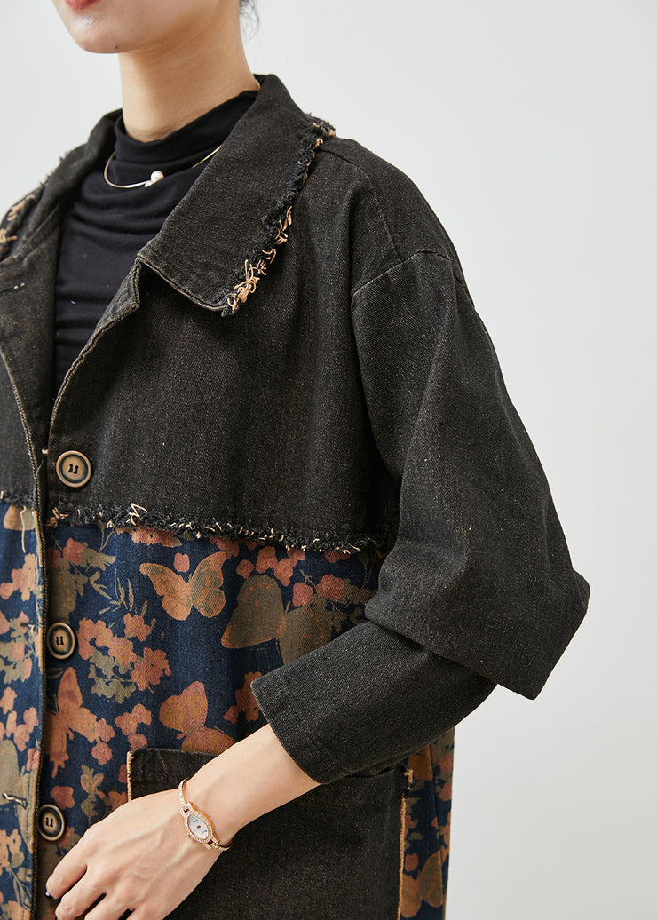 Classy Black Oversized Patchwork Print Denim Coats Fall