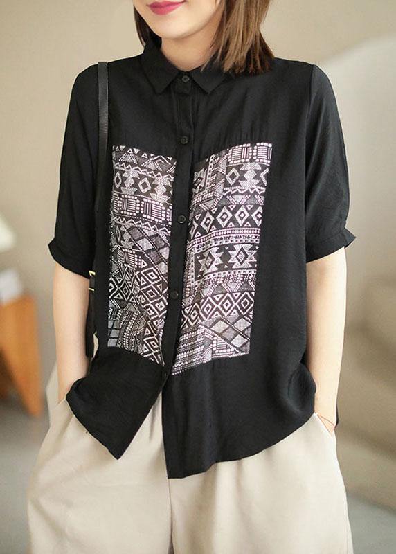 Classy Black PeterPan Collar Button Patchwork Fall Half Sleeve Shirt Top - bagstylebliss