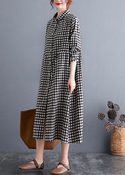 Classy Black PeterPan Collar Plaid Cotton Long Dress Spring