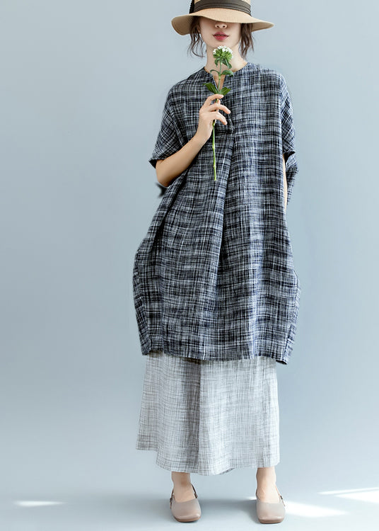 Classy Black Plaid Loose Bat wing Sleeve Linen Top