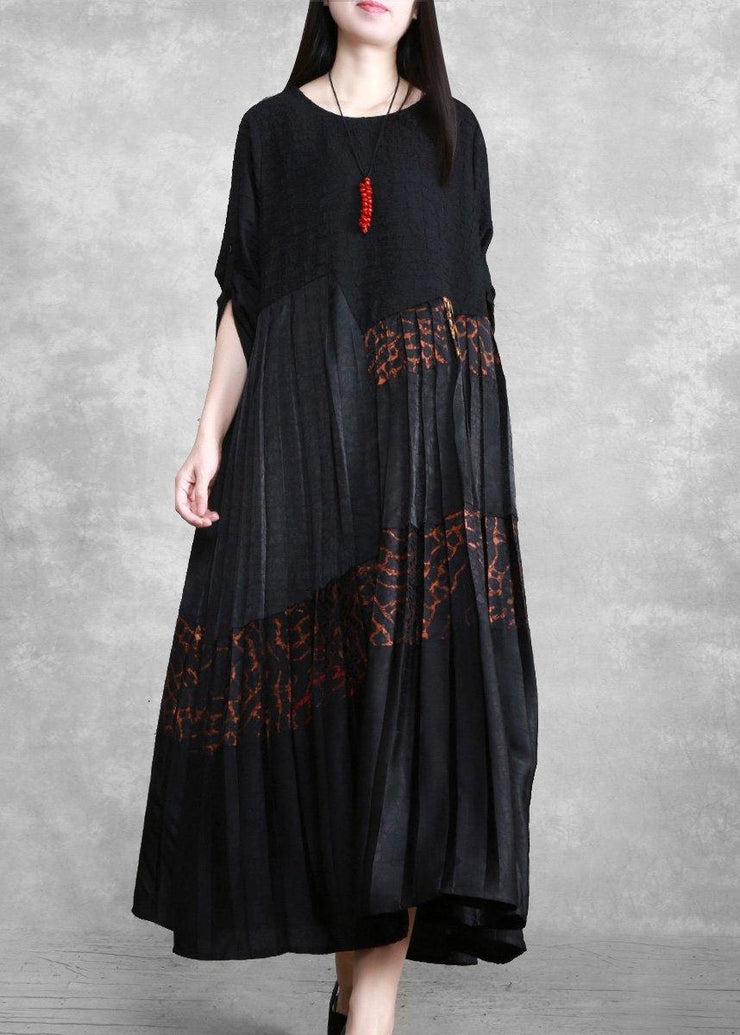 Luxy Silk Maxi Dresses Black Pleated Low High Patchwork Dress - bagstylebliss