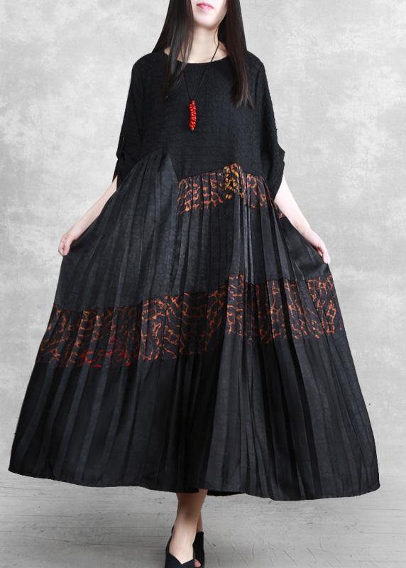 Luxy Silk Maxi Dresses Black Pleated Low High Patchwork Dress - bagstylebliss