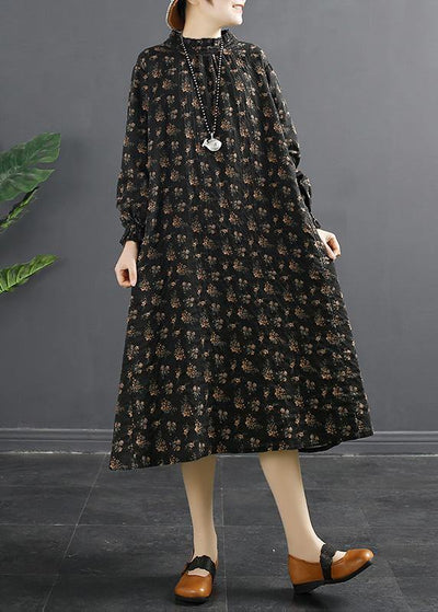 Classy Black Print Stand Collar Robes Dresses - bagstylebliss