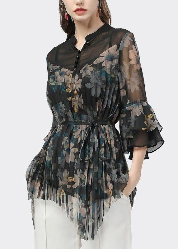 Classy Black Print Wrinkled Tie Waist Chiffon Blouse Flare Sleeve