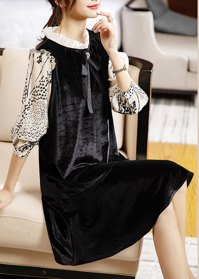 Classy Black Ruffled Print Patchwork Silk Velour Mid Dress Fall