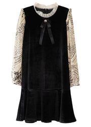 Classy Black Ruffled Print Patchwork Silk Velour Mid Dress Fall