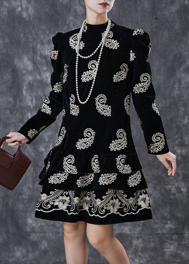 Classy Black Ruffled Print Silk Velour Mini Dress Puff Sleeve