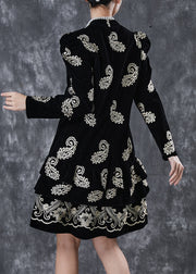 Classy Black Ruffled Print Silk Velour Mini Dress Puff Sleeve