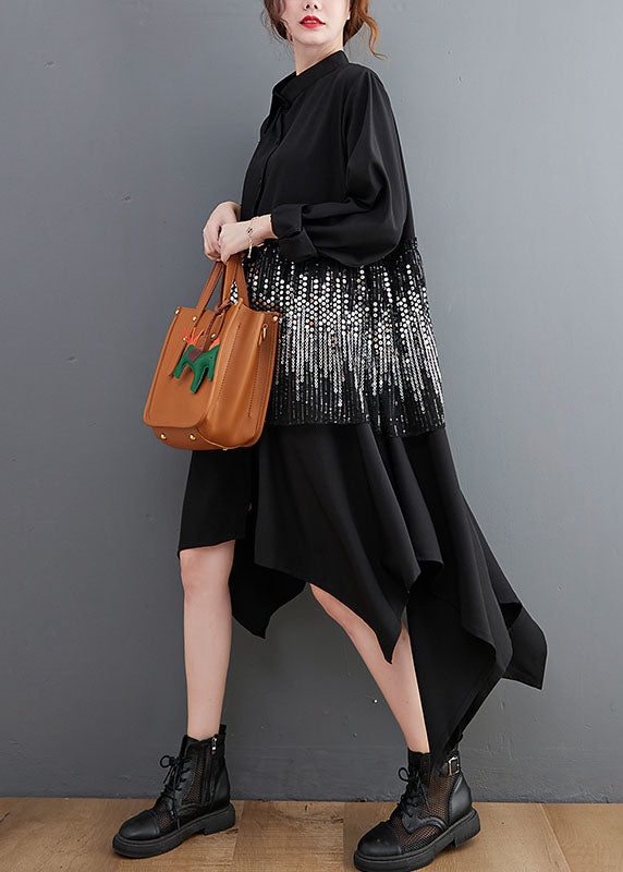 Classy Black Sequins asymmetrical design Dresses Spring