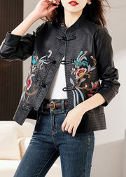 Classy Black Stand Collar Embroidered Floral Faux Leather Coats Long Sleeve