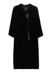 Classy Black Stand Collar Embroidered Floral Silk Velour Maxi Dress Fall