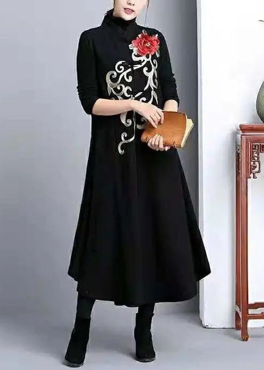 Classy Black Stand Collar Embroidered Patchwork Cotton Long Waistcoat Sleeveless