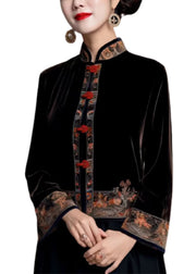 Classy Black Stand Collar Embroidered Silk Velour Coats Fall