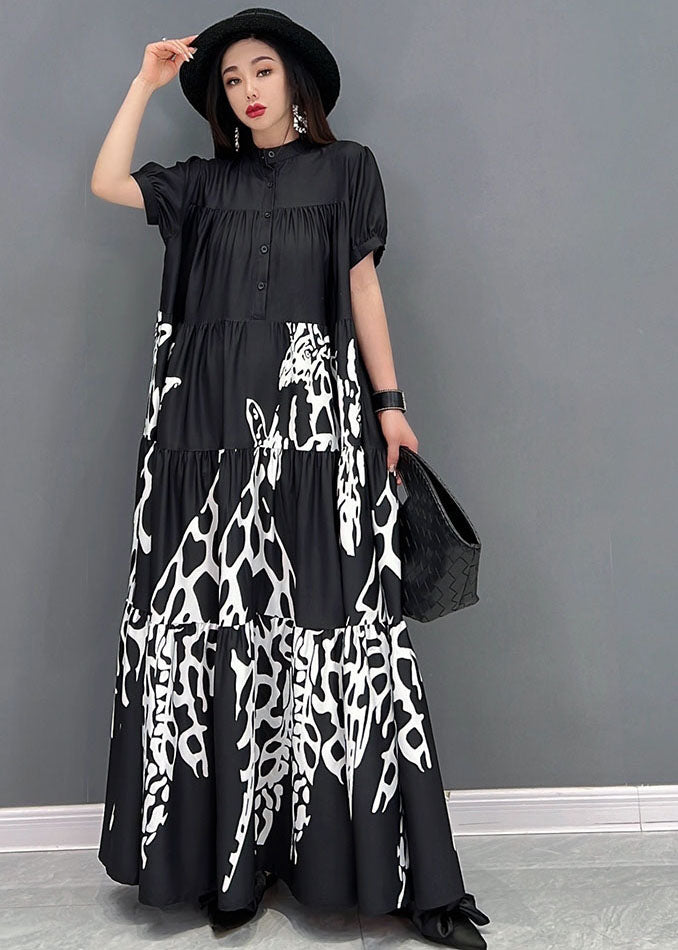 Classy Black Stand Collar Patchwork Wrinkled Print Chiffon Shirt Dress Short Sleeve