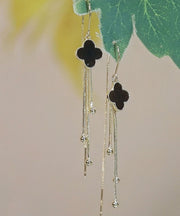 Classy Black Sterling Silver Black Agate Four Leaf Grass Tassel Drop Earrings