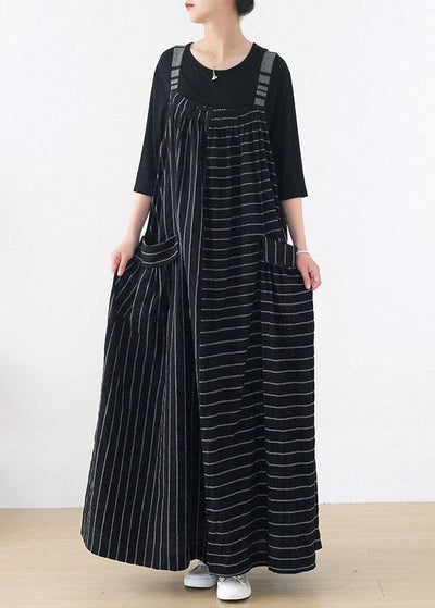 Classy Black Striped Pockets Carpenter Fall Linen Dress - bagstylebliss