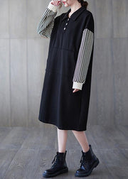 Classy Black Striped Tunic Lapel Patchwork Midi Dress - bagstylebliss