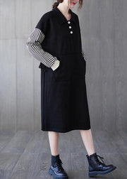 Classy Black Striped Tunic Lapel Patchwork Midi Dress - bagstylebliss