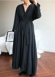 Classy Black V Neck Patchwork Cotton Robe Dresses Spring