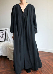 Classy Black V Neck Patchwork Cotton Robe Dresses Spring