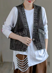 Classy Black V Neck Pockets Patchwork Denim Waistcoat Fall