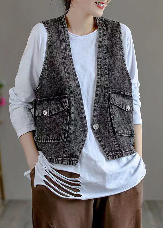 Classy Black V Neck Pockets Patchwork Denim Waistcoat Fall