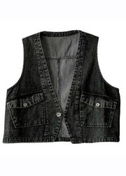 Classy Black V Neck Pockets Patchwork Denim Waistcoat Fall