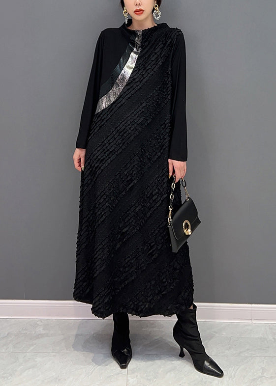 Classy Black Wrinkled Patchwork Cotton Long Dress Fall